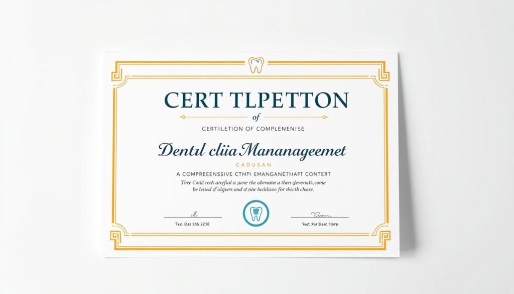 A beautifully crafted certificate of completion for a comprehensive Dental Clinic Management course. The document is set against a clean, minimalist background, with a subtle gradient adding depth and sophistication. The certificate is rendered in high-quality, crisp typography, showcasing the graduate's achievement in a professional, elegant manner. The overall design exudes a sense of accomplishment and expertise, befitting the successful completion of this specialized program. Subtle graphic elements, such as a dental-themed icon or logo, complement the design without distracting from the central focus - the certificate itself.