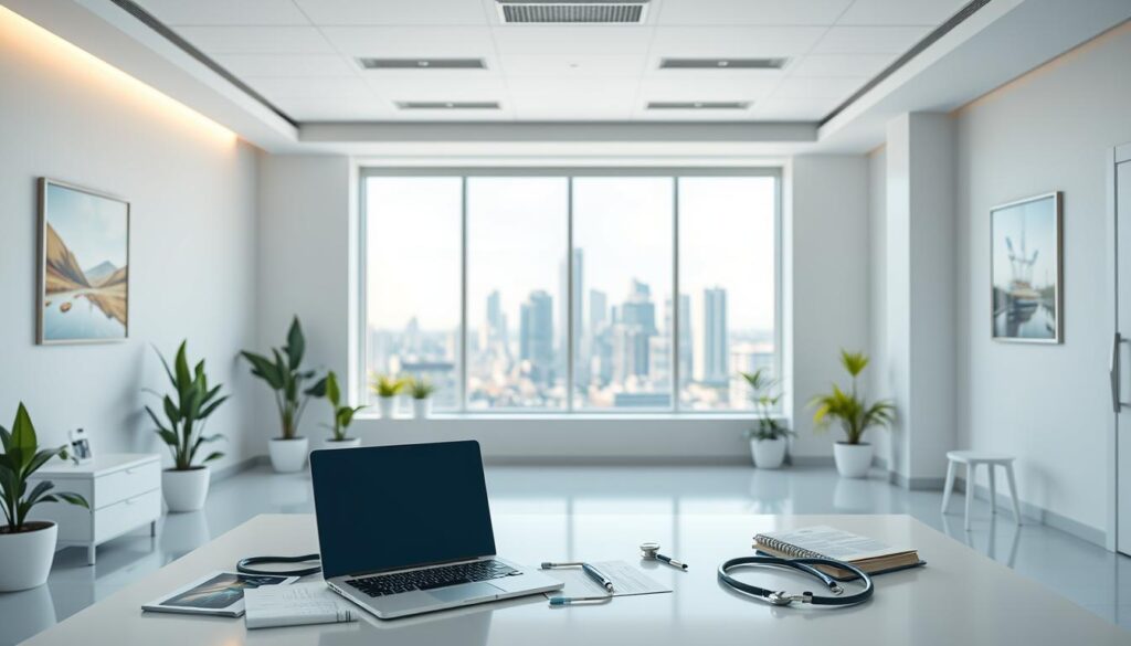A bright, airy medical clinic interior with modern, minimalist design elements. In the foreground, a desk with a laptop, stethoscope, and various marketing materials, conveying the idea of strategic healthcare marketing. In the middle ground, a large window overlooking a city skyline, symbolizing the broad reach of digital marketing. The background features clean, white walls accented with calming artwork and potted plants, creating a professional yet welcoming atmosphere. Warm, natural lighting from multiple sources illuminates the scene, evoking a sense of clarity and optimism. The overall composition communicates an efficient, forward-thinking approach to marketing for a state-of-the-art medical clinic.