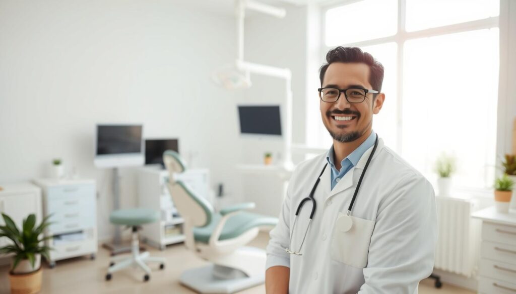 A bright and airy dental office, filled with a calming atmosphere. In the foreground, a friendly dentist greets a patient with a warm smile, establishing a sense of trust and comfort. The middle ground showcases a modern, ergonomic dental chair, surrounded by state-of-the-art equipment that conveys professionalism and advanced care. In the background, soft lighting filters through large windows, creating a soothing, natural ambiance that puts the patient at ease. The scene radiates a harmonious blend of medical expertise and personalized patient experience, reflecting the essence of "Melhorando a Experiência do Paciente".