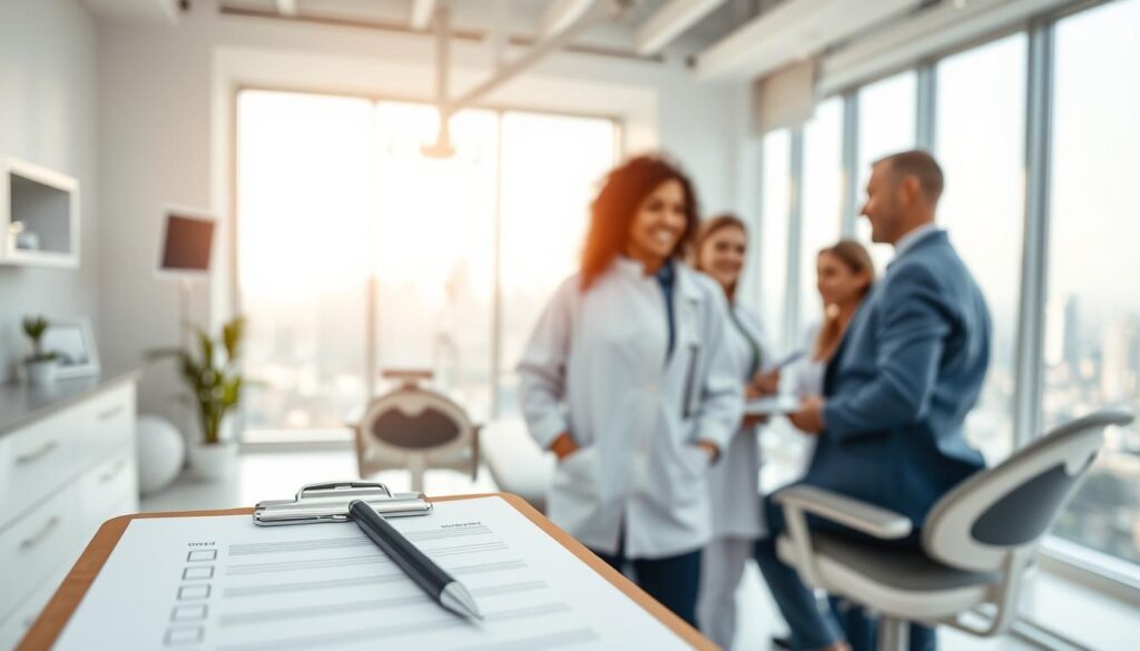 A bright and airy dental office interior, with modern furniture and clean lines. In the foreground, a clipboard with a checklist and a pen, representing efficient management practices. In the middle ground, a team of dental professionals collaborating, their expressions focused and engaged. The background showcases a panoramic view of the city skyline, symbolizing the broader impact of effective practice management. Soft, natural lighting filters through large windows, creating a serene and professional atmosphere. The overall scene conveys the benefits of a well-organized and optimized dental practice, including improved workflows, better team coordination, and enhanced patient experiences.