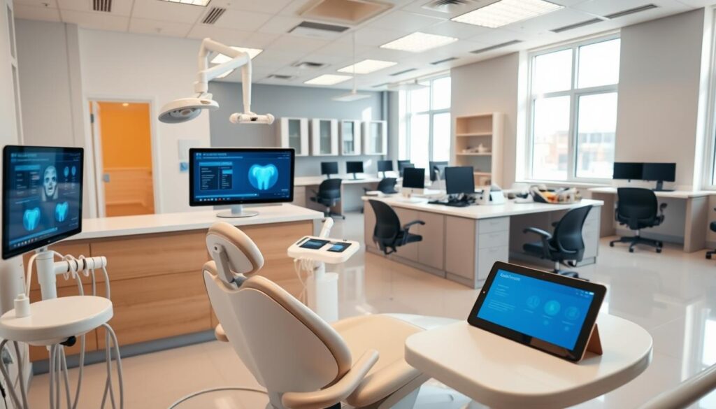 A bright, modern dental clinic interior with sleek, minimalist design. In the foreground, a professional-grade dental chair equipped with advanced digital tools and screens displaying patient data. In the middle ground, a reception desk with a touchscreen display and a tablet for patient check-in. In the background, a clean, organized office space with desks, computers, and medical equipment, all bathed in warm, natural lighting from large windows. The atmosphere conveys efficiency, innovation, and a patient-centric approach to dental care.