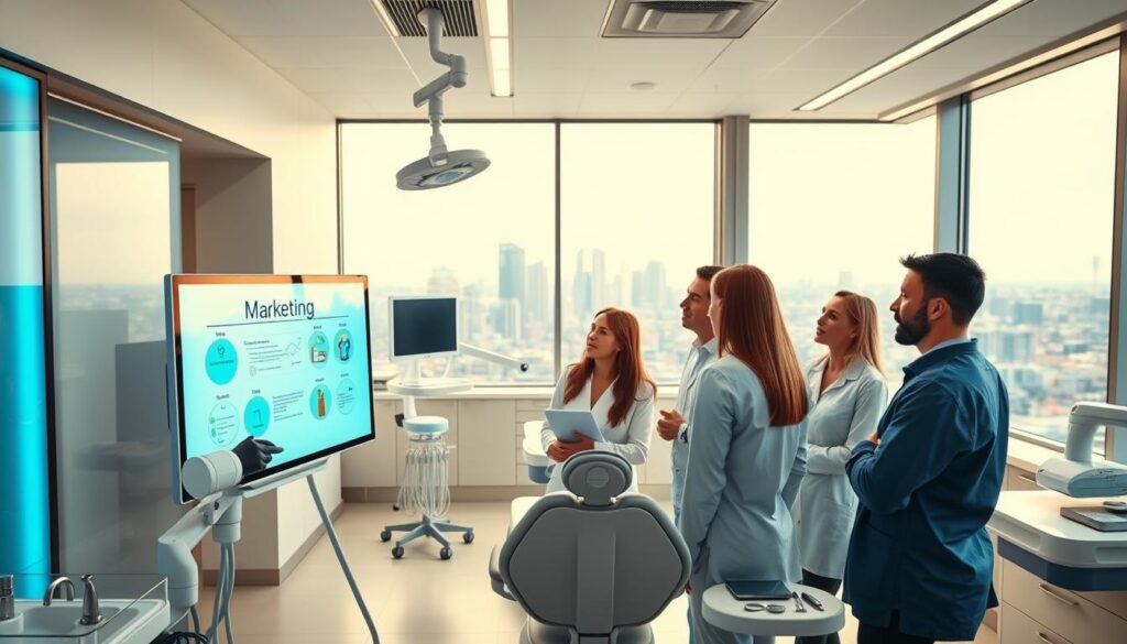 A bright, modern dental clinic with clean lines and warm lighting. In the foreground, a team of dental professionals discussing marketing strategies on a digital whiteboard, their expressions focused and engaged. The middle ground showcases an array of dental equipment and tools, meticulously organized, reflecting the clinic's commitment to professionalism and patient care. In the background, large windows provide a panoramic view of a bustling city skyline, hinting at the clinic's urban setting and high-end clientele. The overall atmosphere conveys a sense of innovation, efficiency, and a patient-centric approach to dental marketing.