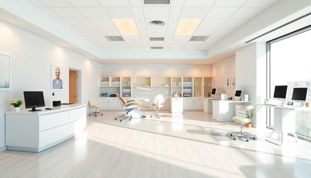 A bright, modern dental office layout with clean lines and a focus on efficiency. In the foreground, a stylized panoramic view of the reception area, with a sleek, minimalist front desk and comfortable seating for patients. The middle ground showcases the treatment rooms, equipped with state-of-the-art dental chairs and equipment, bathed in warm, natural lighting. In the background, a serene view of a well-organized, clutter-free administrative space, with meticulously arranged filing cabinets and computer workstations. The overall atmosphere conveys a sense of professionalism, attention to detail, and a patient-centric approach to dental practice management.