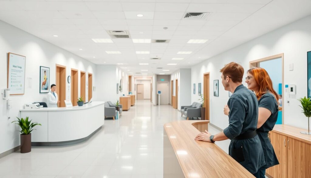 A bright, modern medical office interior with a clean, minimalist design. In the foreground, a reception desk with a friendly, attentive receptionist assisting a patient. The middle ground features a spacious waiting area with comfortable seating and tasteful decor, reflecting a welcoming atmosphere. In the background, an organized patient flow system with clear signage, guiding patients through the various examination and treatment rooms. Soft, even lighting illuminates the scene, creating a sense of professionalism and efficiency. The overall impression is one of a well-managed, patient-centric healthcare environment.
