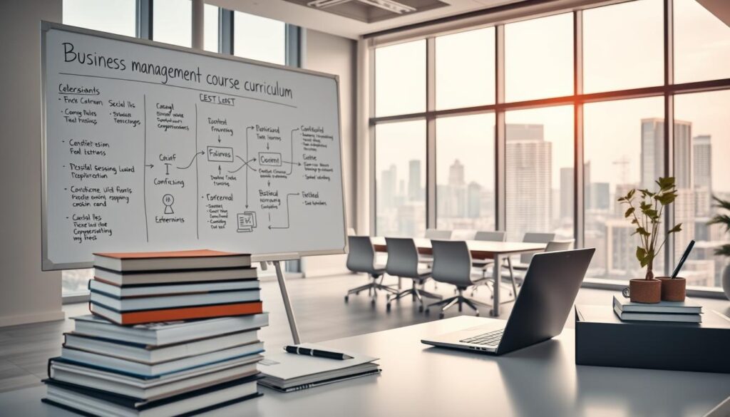 A bright, modern office interior with a large whiteboard displaying a detailed visual outline of a business management course curriculum. The foreground features neatly stacked textbooks, a laptop, and a pen holder, conveying a sense of organized learning. The middle ground showcases a conference table surrounded by comfortable chairs, suggesting collaborative discussions. The background depicts floor-to-ceiling windows overlooking a bustling city skyline, creating an inspiring atmosphere for professional development. Soft, diffused lighting illuminates the scene, and the camera angle is slightly elevated to capture the entire workspace effectively.