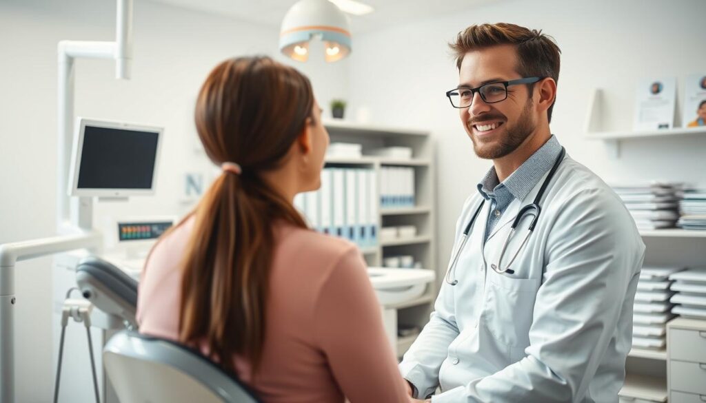 A bright, well-lit clinical setting showcasing the advantages of dental practice management. In the foreground, a smiling dentist consults with a patient, demonstrating excellent bedside manner and personalized care. In the middle ground, the office's modern equipment and technology stand as symbols of efficiency and innovation. The background features neatly organized patient files and schedules, reflecting the benefits of streamlined administrative workflows. Soft, diffused lighting creates a calming, professional atmosphere, while the overall composition conveys a sense of order, productivity, and patient-centric focus - the hallmarks of a well-managed dental practice.