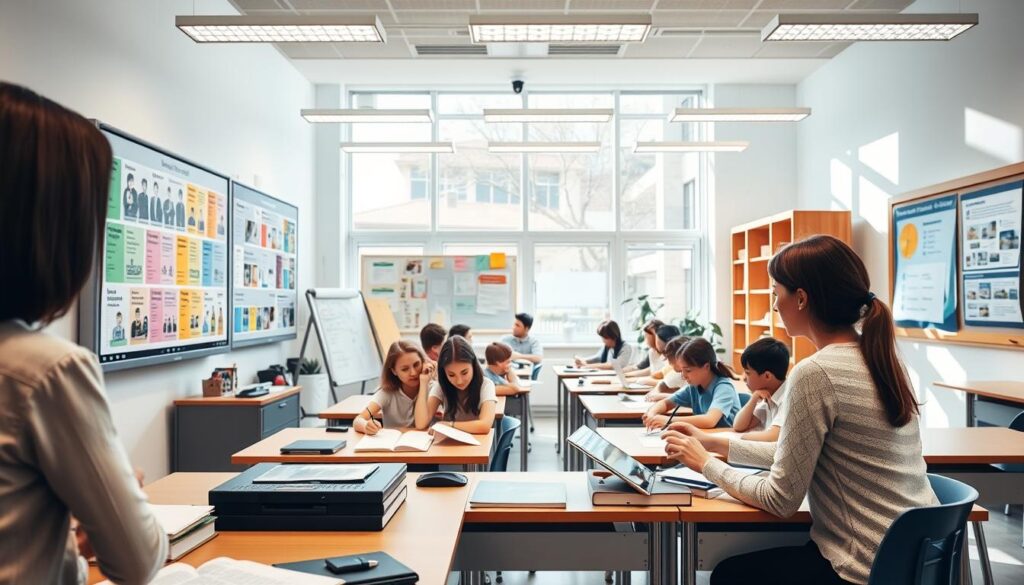 A brightly lit classroom setting, with diverse teaching modalities prominently displayed. In the foreground, a teacher's desk with various learning materials - textbooks, tablets, and interactive whiteboards. On the walls, informative posters showcase different educational methodologies, from traditional lectures to online courses and hands-on workshops. The middle ground features students of varying ages engaged in various learning activities, highlighting the versatility of the available teaching modalities. The background depicts a modern, well-equipped educational facility with large windows, allowing natural light to flood the space. The overall atmosphere conveys a sense of learning, collaboration, and the embracement of diverse instructional approaches.