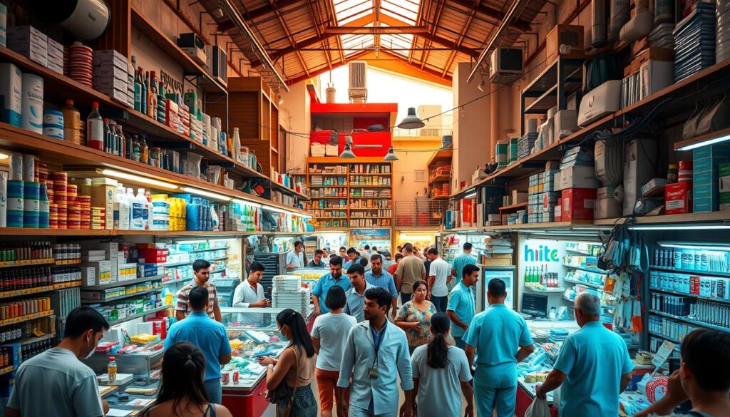 A bustling Brazilian dental marketplace, captured in a wide-angle view. In the foreground, vendors showcase an array of dental equipment, tools, and supplies. Patients and dentists navigate the crowded aisles, immersed in the lively atmosphere. The middle ground features towering shelves stocked with pharmaceutical products, dental materials, and specialized instruments. In the background, a mix of modern and traditional architecture frames the scene, conveying the blend of old and new within the Brazilian dental industry. Warm, diffused lighting casts a vibrant glow, highlighting the vibrant colors and energy of this integral component of the Brazilian healthcare landscape.