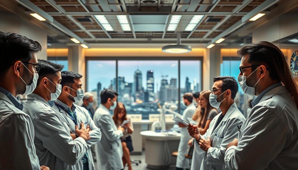 A bustling dental clinic, illuminated by warm, natural lighting. In the foreground, dentists and patients engage in lively discussions, their faces reflecting the competitive nature of the market. The middle ground showcases a diverse array of dental services, each vying for attention. In the background, a city skyline serves as a backdrop, symbolizing the wider economic landscape that the clinic operates within. The atmosphere is one of professional dynamism, with a sense of both collaboration and rivalry among the practitioners. The image conveys the essential role of marketing in this competitive dental landscape, where clinics must differentiate themselves to attract and retain patients.
