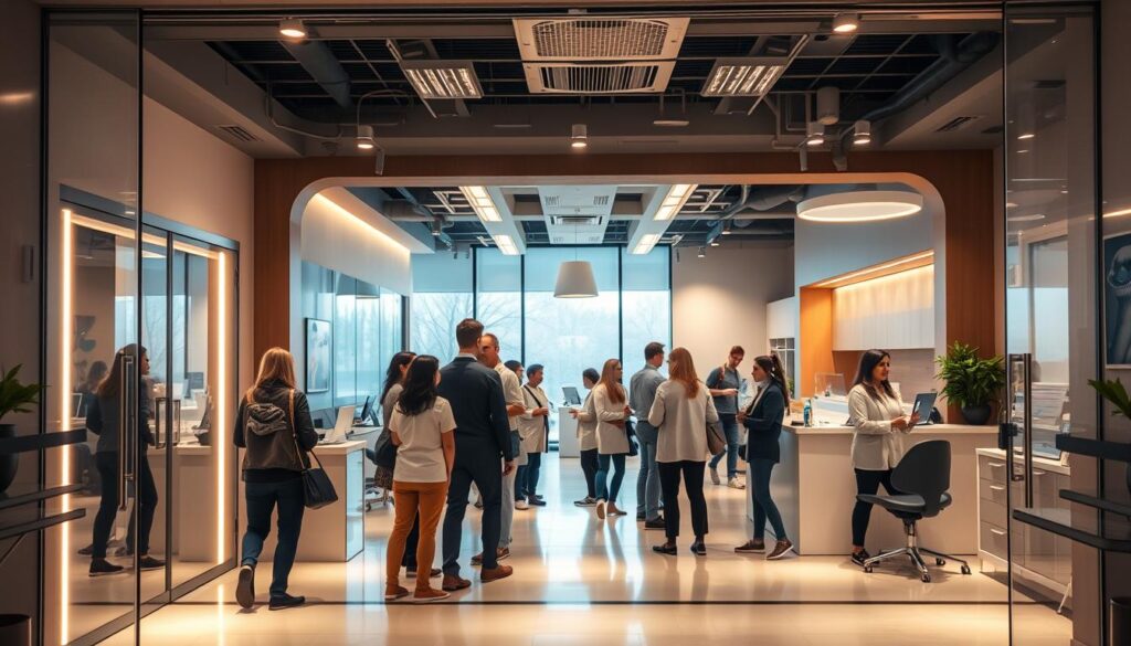 A bustling dental clinic, its entrance adorned with a warm, inviting glow. In the foreground, a group of patients eagerly interacting with the friendly staff, their faces exuding a sense of trust and comfort. The middle ground showcases a modern, well-equipped reception area, with sleek, ergonomic furniture and state-of-the-art technology. The background features an open, airy layout, filled with natural light streaming through large windows, creating a calming, professional atmosphere. The lighting is soft and directional, accentuating the clinic's inviting ambiance and reflecting the care and attention devoted to each patient's experience. The overall scene conveys the clinic's commitment to patient-centric, high-quality dental services.