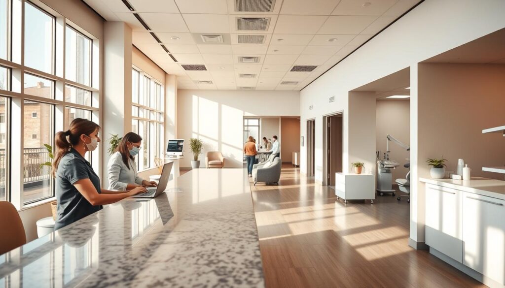 A bustling dental clinic reception area, bathed in warm, natural lighting from large windows. A modern, minimalist design features clean lines, neutral tones, and sleek furnishings. In the foreground, a receptionist greets patients at a polished granite counter, efficiently managing appointments and billing. Behind them, a waiting area with comfortable seating offers a relaxing environment. In the background, hallways lead to private consultation rooms and state-of-the-art dental equipment, hinting at the comprehensive services available. An atmosphere of professionalism, organization, and patient-centric care pervades the scene.