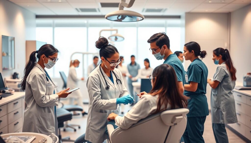 A bustling dental clinic, the team working in harmony. In the foreground, a group of healthcare professionals huddled around a patient's chair, discussing treatment options with diligence and care. The middle ground reveals the clinic's modern, pristine environment, clean lines, and state-of-the-art equipment. In the background, a spirit of collaboration and camaraderie permeates the space, as the team moves with efficiency and purpose, their expressions reflecting a shared commitment to excellence in patient care. Soft, warm lighting casts a welcoming glow, capturing the clinic's dedication to creating a comfortable, patient-centric experience. A snapshot of cohesive teamwork, the heart of a successful dental practice.