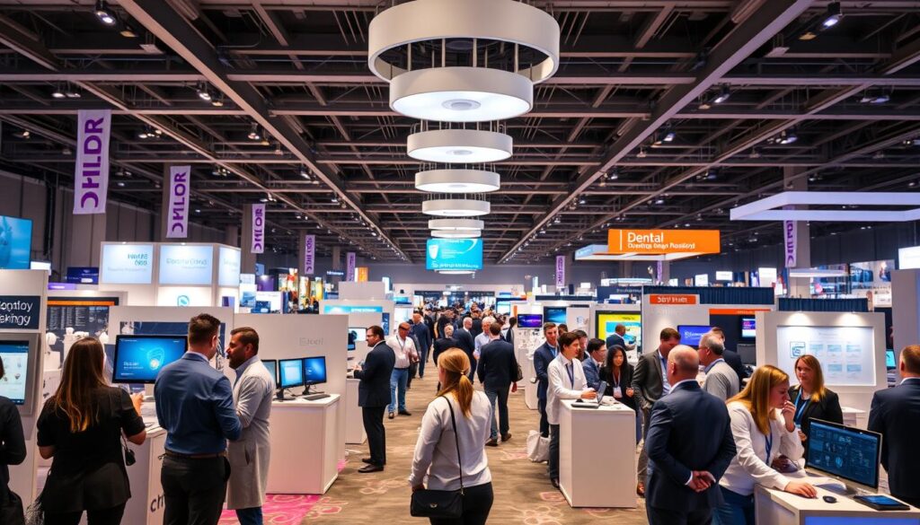 A bustling dental conference in 2025, showcasing the latest innovations in dental technology and practice management. In the foreground, a group of professionals engage in lively discussions, examining cutting-edge equipment and software. The middle ground features a series of informative booths, with interactive displays and knowledgeable representatives. In the background, a large exhibition hall is filled with an array of vibrant colors, dynamic lighting, and the energy of a thriving industry. The scene conveys a sense of excitement, collaboration, and the collective drive to push the boundaries of modern dentistry. The overall atmosphere is one of professional growth, advancements, and a glimpse into the promising future of the dental field.