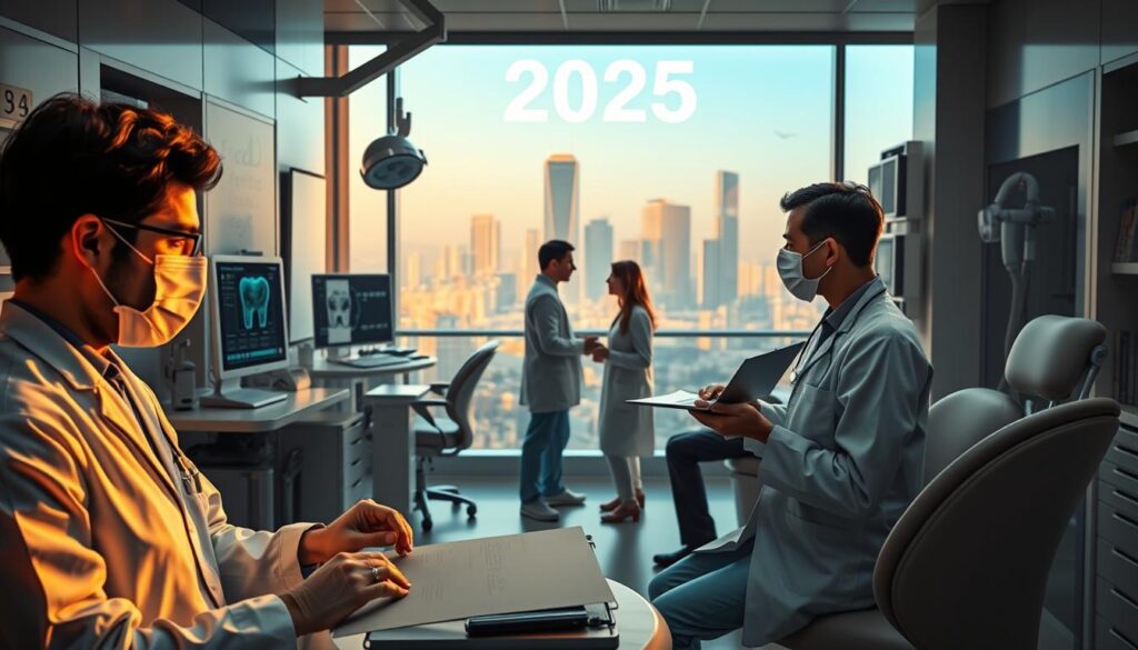 A bustling dental office in the year 2025, showcasing the challenges faced by the profession. In the foreground, a dentist consults with a patient, navigating complex treatment options and advanced technology. In the middle ground, a team of dental professionals collaborates, discussing strategies to optimize workflow and patient experiences. The background depicts a serene, futuristic cityscape, hinting at the broader economic and societal shifts impacting the dental industry. Warm, natural lighting illuminates the scene, creating a professional yet inviting atmosphere. Emphasis is placed on the integration of emerging technologies, the need for adaptive business models, and the evolving role of the modern dentist in providing comprehensive, patient-centric care.