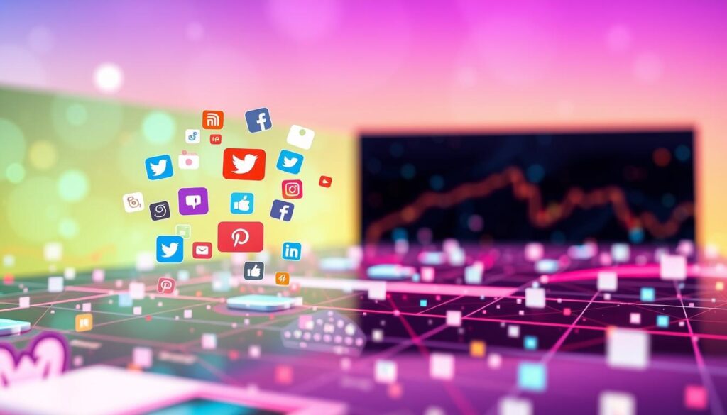A bustling digital landscape, social media icons floating in the foreground against a backdrop of vibrant gradients and geometric patterns. Crisp, clean lighting illuminates the scene, emphasizing the sleek, modern aesthetic. The composition is well-balanced, drawing the viewer's eye towards the central motif - a stylized, minimalist representation of various social media platforms. The overall mood is one of innovation, connectivity, and the power of digital marketing for businesses, reflecting the article's focus on effective strategies for dentists.