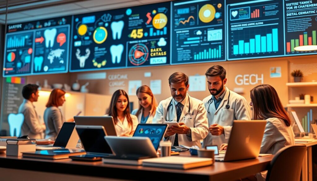 A bustling digital landscape, with a dentist's clinic as the focal point. In the foreground, an array of digital devices - smartphones, tablets, and laptops - showcase the various touchpoints of modern dental marketing. The middle ground features a team of dental professionals strategizing and analyzing data, their expressions serious yet determined. In the background, a blend of colorful infographics, social media icons, and search engine optimization charts create a sense of the complex, ever-evolving digital challenges faced by dentists. Warm lighting casts a professional, yet approachable atmosphere, while a dynamic camera angle emphasizes the interconnectedness of digital marketing and dental practice management.