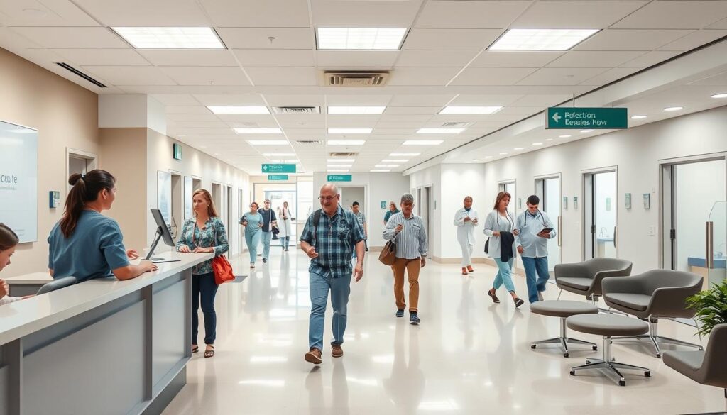 A bustling healthcare facility, patients navigating the seamless flow of a well-organized system. In the foreground, a reception desk manned by attentive staff, guiding individuals through the intake process with a warm, professional demeanor. The middle ground reveals an airy, modern waiting area, equipped with comfortable seating and subtle signage directing the path of patient movement. In the background, a series of private examination rooms, their doors discreetly open, showcasing the efficient yet personalized care provided. Soft, natural lighting filters in, creating a calming atmosphere that instills a sense of confidence and trust. The overall scene conveys a harmonious balance between technology, process, and human-centric design, epitomizing the essence of effective patient flow management.
