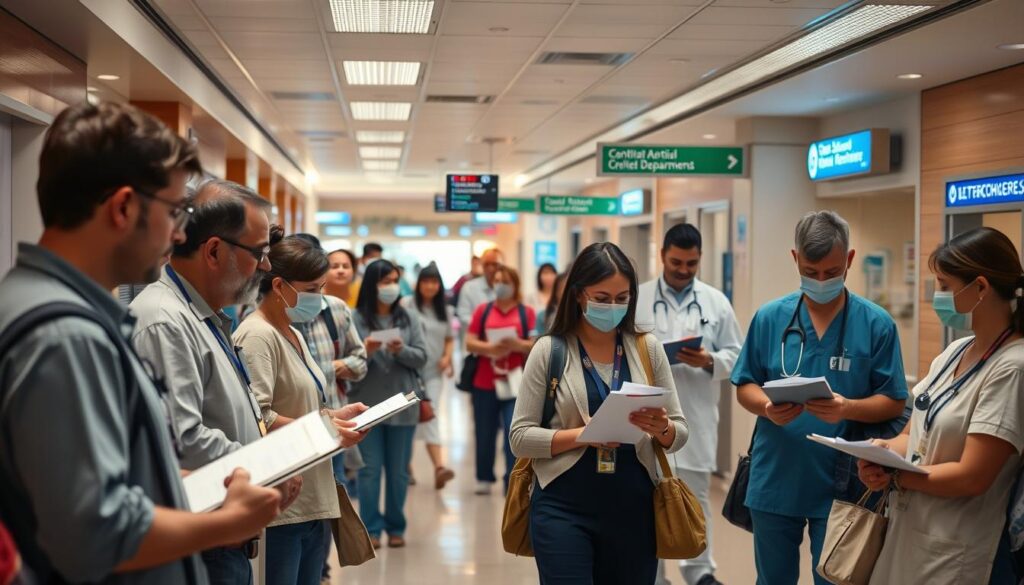 A bustling hospital reception area, bathed in warm, directional lighting. In the foreground, a group of patients calmly await their turn, checking schedules and filling out forms on clipboards. In the middle ground, hospital staff efficiently manage the flow, guiding patients and checking in new arrivals. The background reveals a clean, modern layout with signage directing patients to various departments. An atmosphere of organized professionalism and attentive patient care pervades the scene, capturing the essence of effective patient flow management in a healthcare setting.