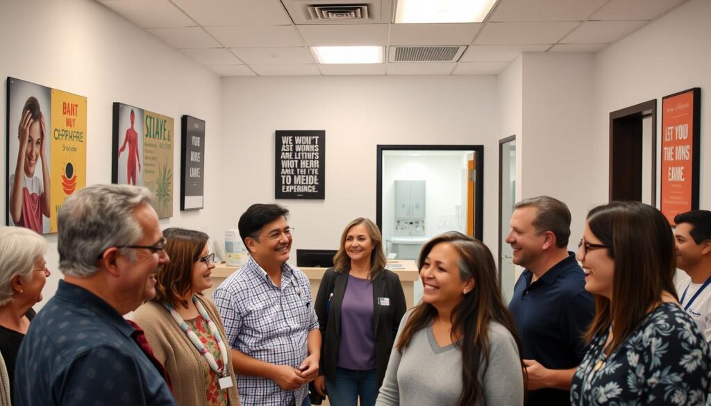 A bustling medical clinic, its walls adorned with inspirational motivational posters. In the foreground, a group of smiling patients engage in lively conversation, their faces radiating a sense of trust and comfort. The middle ground features a reception desk, where a welcoming receptionist guides visitors, exemplifying the clinic's focus on providing exceptional patient experience. The background showcases modern, well-lit examination rooms, conveying a sense of professionalism and state-of-the-art care. The overall atmosphere is one of positivity, community, and a genuine desire to encourage patient referrals through a combination of personalized attention and high-quality medical services.