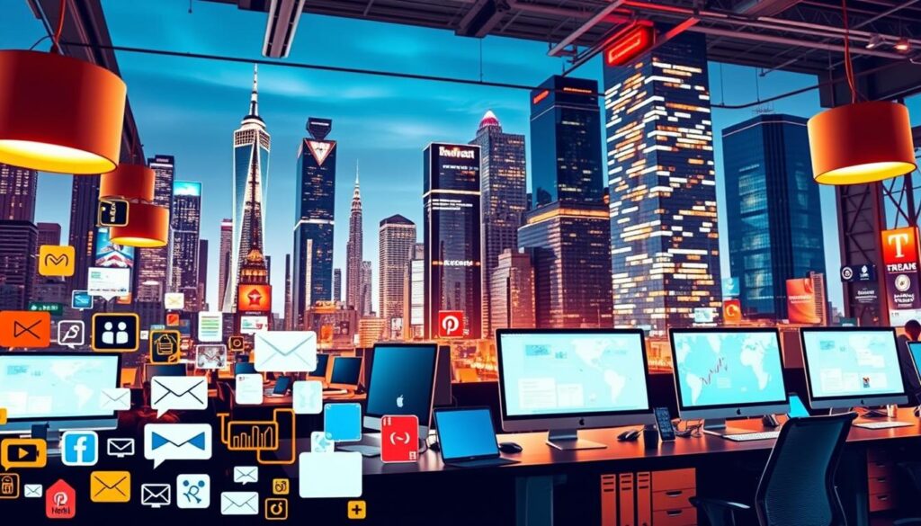 A bustling modern marketing hub, showcasing a diverse array of digital and traditional marketing channels. In the foreground, an array of icons representing different media formats - social media, email, print, video, and more. In the middle ground, sleek desktop computers and mobile devices, symbolizing the integration of online and offline strategies. In the background, a cityscape of towering skyscrapers, reflecting the scale and complexity of the modern marketing landscape. Warm, vibrant lighting illuminates the scene, conveying a sense of energy and dynamism. Captured through a wide-angle lens, the composition emphasizes the interconnectedness and breadth of marketing options available to the savvy dentist.