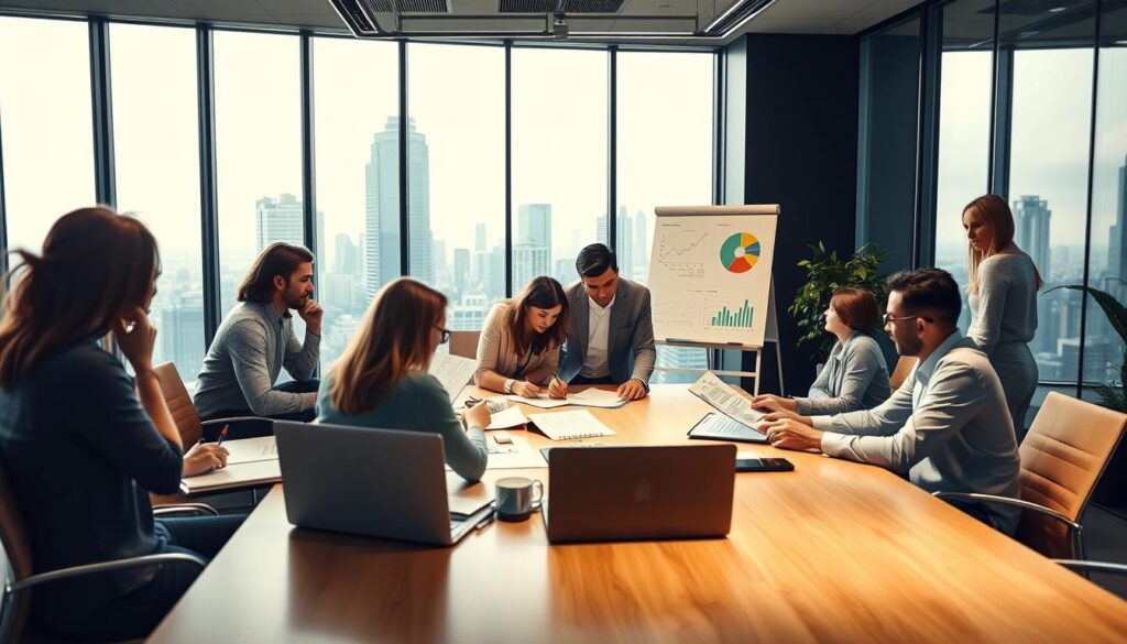 A bustling modern office, filled with the tools of efficient management. In the foreground, a team of professionals collaborate around a sleek conference table, pouring over financial reports and strategizing. Soft, indirect lighting casts a warm glow, accentuating the contemporary decor - clean lines, polished wood, and minimalist accents. In the middle ground, a large whiteboard displays colorful charts and diagrams, visualizing key performance metrics. The background reveals an expansive city skyline through floor-to-ceiling windows, reflecting the broader context of a thriving business district. An atmosphere of focused productivity, where attention to detail and streamlined processes enable organizational excellence.