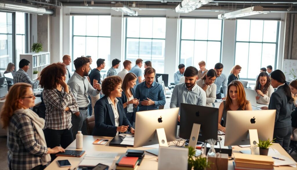 A bustling office environment with a team of diverse individuals collaborating on various tasks. In the foreground, a group of professionals engaged in lively discussions, exchanging ideas and strategizing. The middle ground features a well-organized workspace with computer stations, whiteboards, and various office supplies, conveying a sense of productivity and efficiency. The background showcases large windows that flood the space with warm, natural lighting, creating a welcoming and motivating atmosphere. The overall scene captures the essence of effective people management and teamwork within a professional setting.