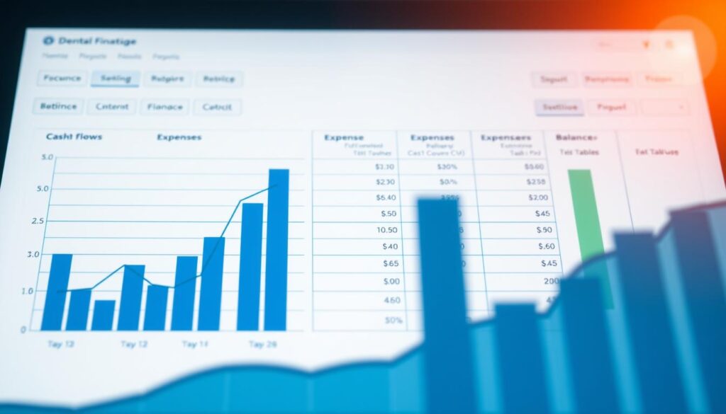 A carefully organized financial dashboard, showcasing a modern and intuitive interface. In the foreground, a sleek graph tracks cash flow trends, with bars and lines in shades of blue and green. In the middle ground, a table outlines income, expenses, and balances, presented in a clean tabular format. The background features a subtle grid pattern, providing a sense of structure and organization. The entire scene is lit by a warm, ambient light, creating a professional and polished aesthetic suitable for a dental practice management guide.