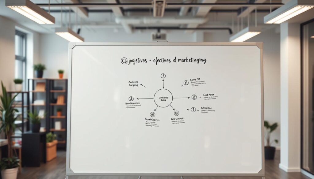 A clean, minimalist office setting with a large whiteboard prominently displayed in the foreground. On the whiteboard, a neatly organized diagram or infographic illustrating the key "objetivos de marketing" concepts, such as audience targeting, brand awareness, lead generation, and sales conversion. The diagram should use a mix of geometric shapes, icons, and concise text to convey the marketing objectives in a visually appealing and informative manner. The lighting is soft and even, creating a professional and focused atmosphere. The background features a blurred view of office shelves, potted plants, and other subtle decor elements to establish the setting.
