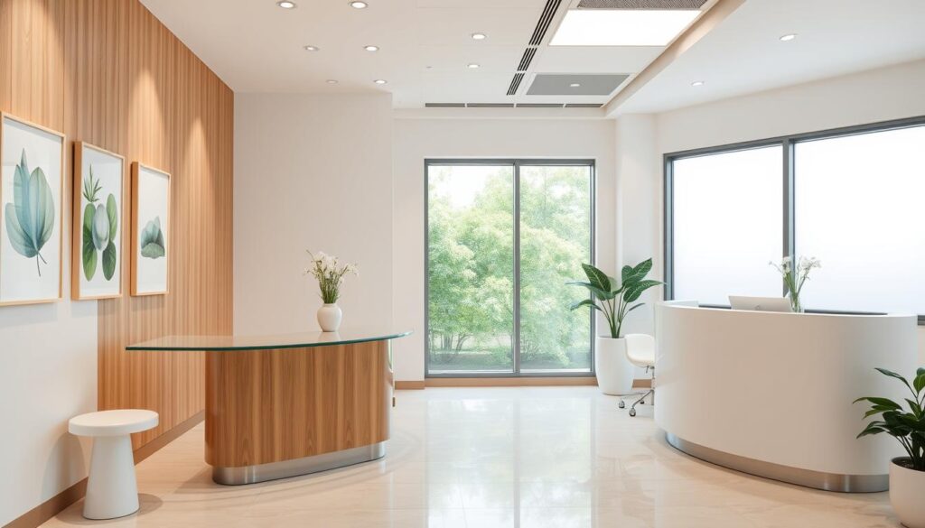 A clean, modern dental clinic with a minimalist aesthetic. The interior features an elegant reception area with a sleek glass counter and a warm, natural wood accent wall. The lighting is soft and diffused, creating a calming ambiance. In the background, a large window offers a serene view of a lush garden. On the walls, a series of framed artworks showcases a cohesive visual identity, with a subtle palette of blues, greens, and neutral tones. The overall atmosphere exudes professionalism, comfort, and a focus on patient well-being.