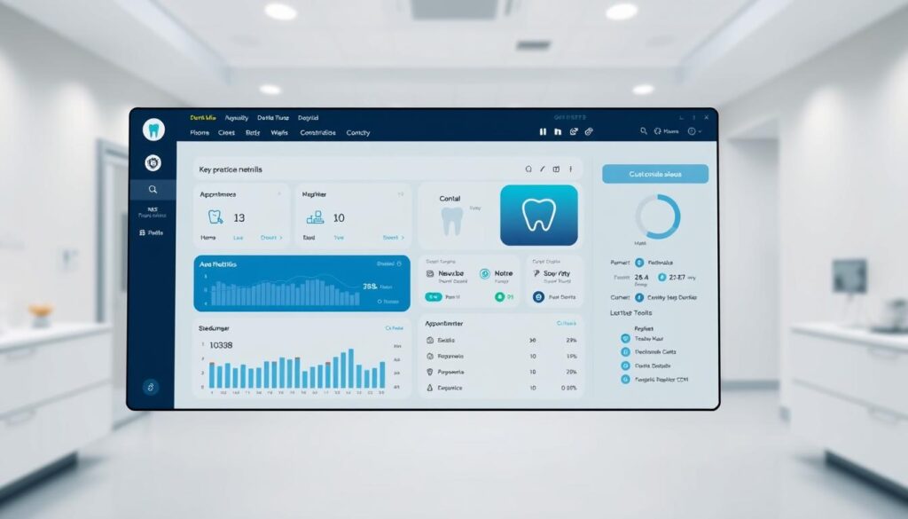 A clean, modern dental management software interface with a sleek, intuitive design. The foreground features a well-organized dashboard displaying key practice metrics, appointment scheduling, and patient records. The middle ground showcases intuitive navigation menus and customizable workflow tools. The background depicts a serene, minimalist medical setting with subtle lighting and muted tones, conveying a sense of professionalism and efficiency. The overall atmosphere is one of streamlined functionality and user-friendly patient experience, reflecting the best practices in 2025 dental clinic management.