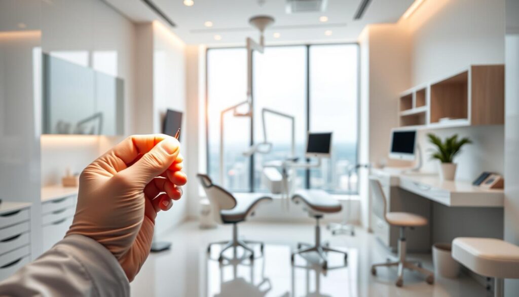 A clean, modern dental office with sleek white walls and minimalist furniture. In the foreground, a dentist's hands holding a dental tool, showcasing the precision and care of dental management. In the middle ground, a patient chair and dental equipment, symbolizing the importance of efficient dental procedures. In the background, a large window overlooking a serene cityscape, conveying the tranquility and professionalism of the dental practice. The lighting is soft and warm, creating a calming atmosphere. The overall scene emphasizes the essential nature of dental management for providing high-quality, personalized care.