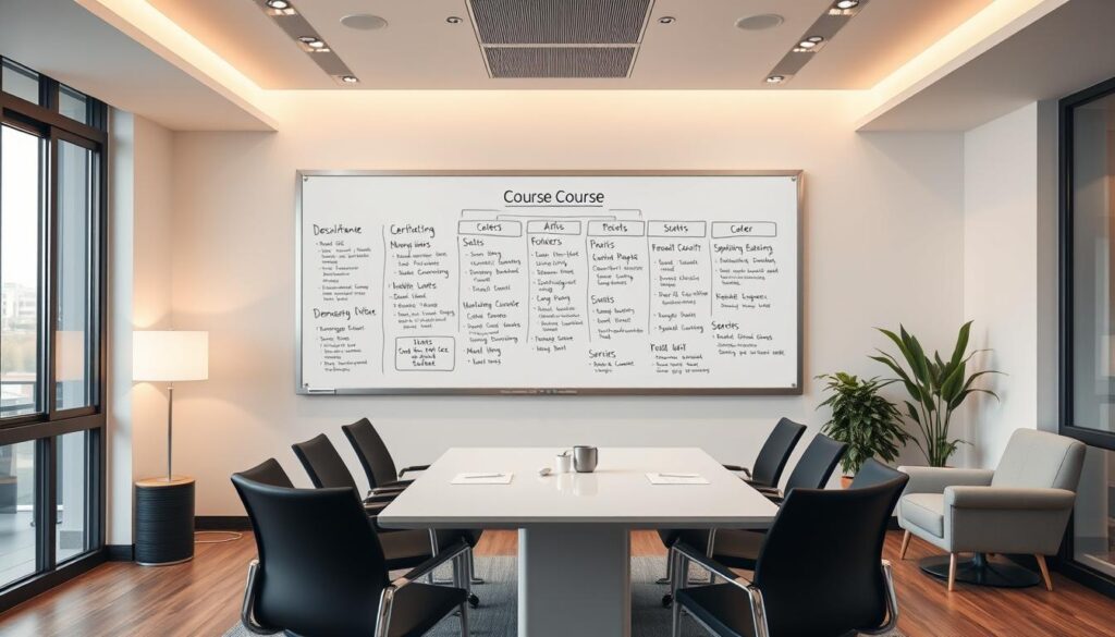 A clean, modern office interior with a large whiteboard on the wall displaying a detailed course structure. The lighting is warm and inviting, with floor-to-ceiling windows providing natural illumination. Stylish office furniture, including a sleek conference table and comfortable chairs, are arranged in a thoughtful layout. The overall atmosphere exudes professionalism and attention to detail, perfectly capturing the essence of a comprehensive dental office administration course.