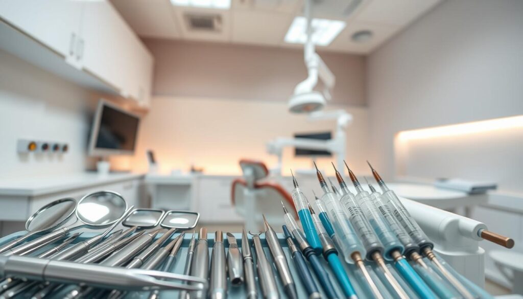 A clean, well-lit dental office setting. In the foreground, a range of neatly organized dental tools and instruments, including mirrors, probes, scalers, and syringes, all gleaming with a pristine finish. In the middle ground, a modern dental chair and equipment, conveying a sense of advanced technology and patient comfort. The background features a minimalist, yet professional-looking decor with neutral tones, accentuating the clinical atmosphere. Soft, diffused lighting casts a warm glow over the scene, creating a calming and efficient environment for dental management and patient care.