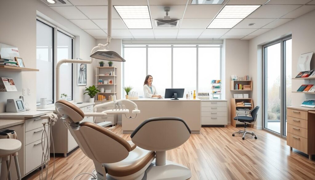 A clean, well-organized dental clinic interior, with a modern and professional ambiance. The foreground features a sleek dental chair, equipped with state-of-the-art instruments and materials. The middle ground showcases a reception desk with a friendly staff member, and behind them, a display of dental health products and educational materials. The background depicts a bright, airy workspace with large windows, allowing natural light to flood the space. The overall scene conveys a sense of efficiency, attention to detail, and a commitment to patient well-being, reflecting the core principles of effective dental practice management.