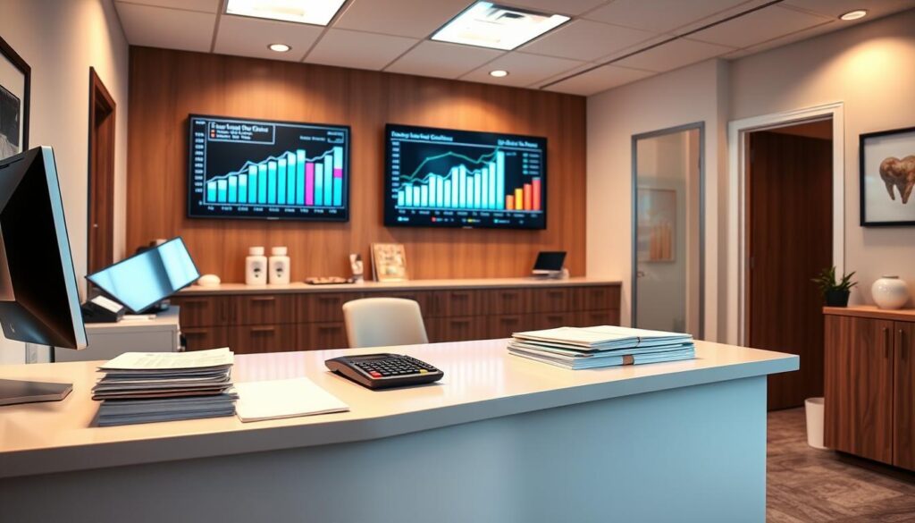 A clean, well-organized dental office interior with a prominent desk featuring a computer, stacks of papers, and a calculator. The desk is illuminated by warm, soft lighting, creating a professional and welcoming atmosphere. In the background, financial charts and graphs are displayed on a wall-mounted screen, providing a visual representation of the clinic's financial management. The overall scene conveys a sense of efficiency, attention to detail, and a focus on the practice's financial health and growth.