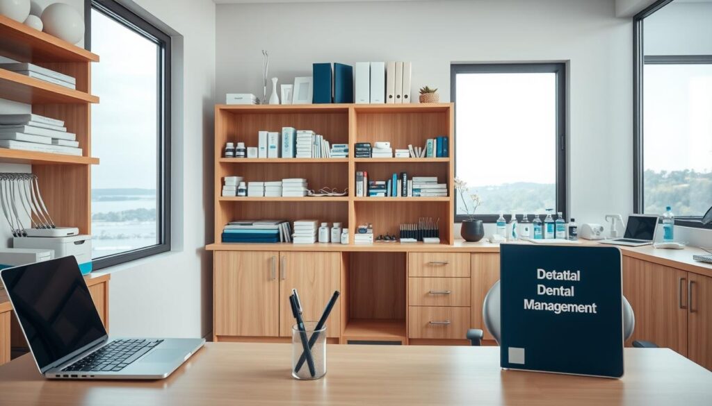 A clean, well-organized office with dental equipment and supplies arranged neatly on wooden shelves and desks. The lighting is soft and natural, creating a calming atmosphere. In the foreground, a laptop, a pen holder, and a binder labeled "Dental Management" sit on a minimalist desk. In the middle ground, rows of dental tools, instruments, and materials such as toothpaste, floss, and mouthwash line the shelves. The background features a window overlooking a tranquil outdoor scene, adding to the serene and professional ambiance. The overall scene conveys a sense of efficiency, organization, and attention to detail, reflecting the theme of "Materiais de Apoio para Gestão Odontológica".