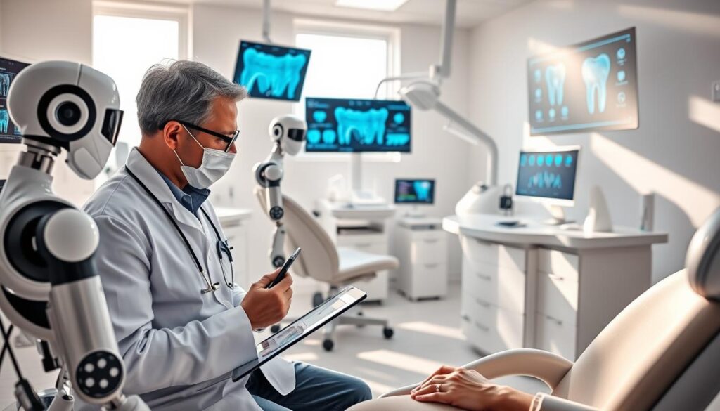 A clinical yet innovative dental office, bathed in soft natural light, with cutting-edge AI-powered tools and displays. In the foreground, a dentist consults with a patient, using a touchscreen interface to analyze dental scans and recommend personalized treatment plans. In the middle ground, intelligent robotic assistants prepare instruments and materials, streamlining the workflow. The background features sleek, futuristic dental equipment and holographic patient information displays, showcasing the integration of artificial intelligence into modern dental marketing and practice management.