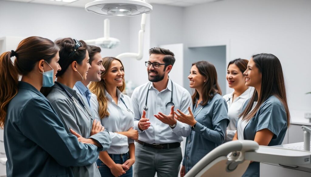 A cohesive team of dental professionals working collaboratively in a well-lit, modern clinical setting. In the foreground, a group of attentive employees engaged in a lively discussion, their expressions reflecting enthusiasm and camaraderie. In the middle ground, a team leader guiding the conversation, hands gesturing animatedly. The background features sleek dental equipment, clean countertops, and a sense of organized efficiency. The scene conveys a positive, productive atmosphere where motivation and productivity thrive within the dental practice.