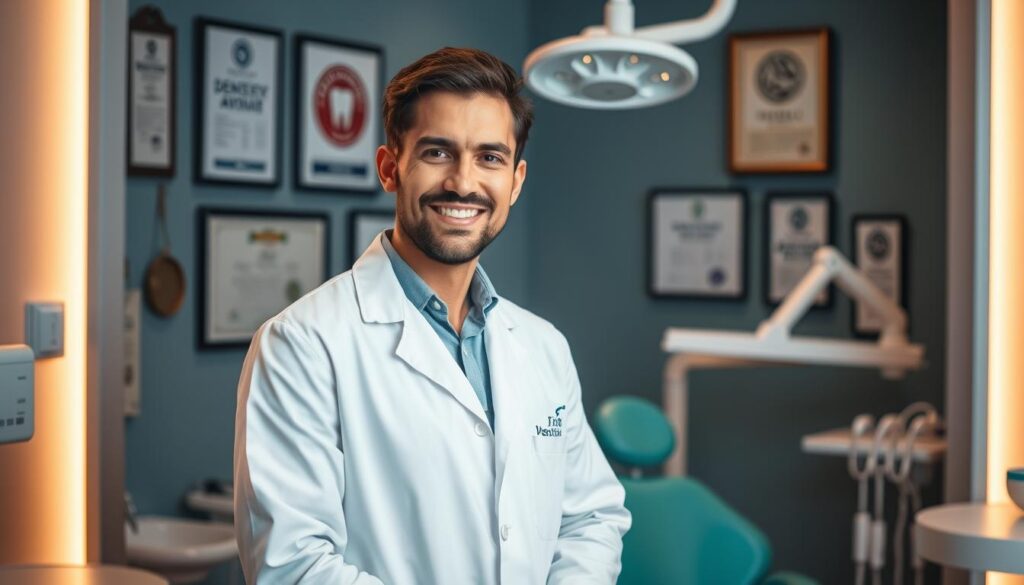 A confident and knowledgeable dentist standing in a modern, well-equipped dental clinic. They are wearing a pristine white lab coat and holding a dental tool, conveying expertise and authority. The clinic's walls feature accreditations, awards, and certificates showcasing the dentist's qualifications and reputation. The lighting is warm and inviting, creating a professional yet approachable atmosphere. The scene evokes a sense of trust, reliability, and the dentist's position as a respected authority in the field of dentistry.