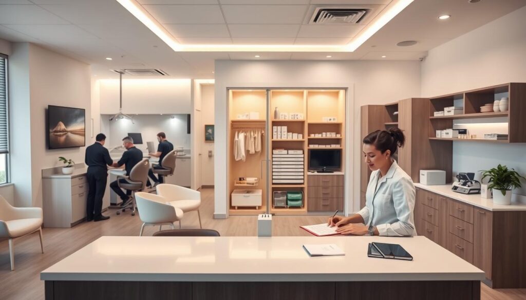 A contemporary dental office interior, showcasing a well-organized workspace. A spacious reception area with clean lines and minimalist furnishings sets the tone. In the background, a team of dental professionals diligently attend to patients, their coordinated movements reflecting a harmonious workflow. The middle ground features an impeccably organized supply closet, meticulously stocked with essential tools and equipment. Soft, indirect lighting casts a warm, professional glow, creating a calming atmosphere. The foreground highlights a central desk, where a receptionist seamlessly manages schedules and patient records, exemplifying the efficient delegation of tasks within the clinic.