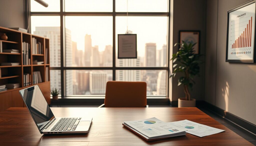 A contemporary office interior with a focus on financial management. In the foreground, a wooden desk with a laptop, calculator, and neatly organized paperwork, conveying a sense of order and control. In the middle ground, a bookshelf filled with finance-related volumes, and a framed graph or chart on the wall, visualizing financial data. The background features large windows overlooking a bustling city skyline, bathed in warm, natural lighting that creates a professional yet welcoming atmosphere. The overall scene exudes an air of competence, efficiency, and a commitment to sound financial practices.