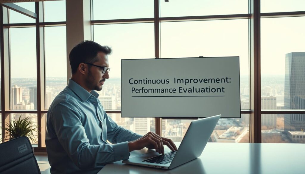 A contemporary office setting with an airy and focused atmosphere. In the foreground, a businessman reviewing performance data on a laptop, deep in contemplation. The middle ground features a whiteboard displaying the words "Continuous Improvement" and "Performance Evaluation" in a clean, minimalist style. The background showcases large windows overlooking a bustling city skyline, bathed in warm, natural lighting. The overall composition conveys a sense of progress, reflection, and a commitment to professional growth and optimization.