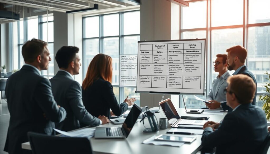 A corporate office setting with a focus on risk management and problem-solving. In the foreground, a group of professionals in business attire gathered around a table, deep in discussion, with laptops and documents spread out before them. The middle ground features a whiteboard or digital display showcasing a risk assessment matrix, highlighting potential risks and mitigation strategies. The background is a clean, modern office environment with ample natural light streaming in through large windows, conveying a sense of professionalism and attention to detail. The overall mood is one of collaborative problem-solving, with a sense of urgency and determination to address potential challenges.
