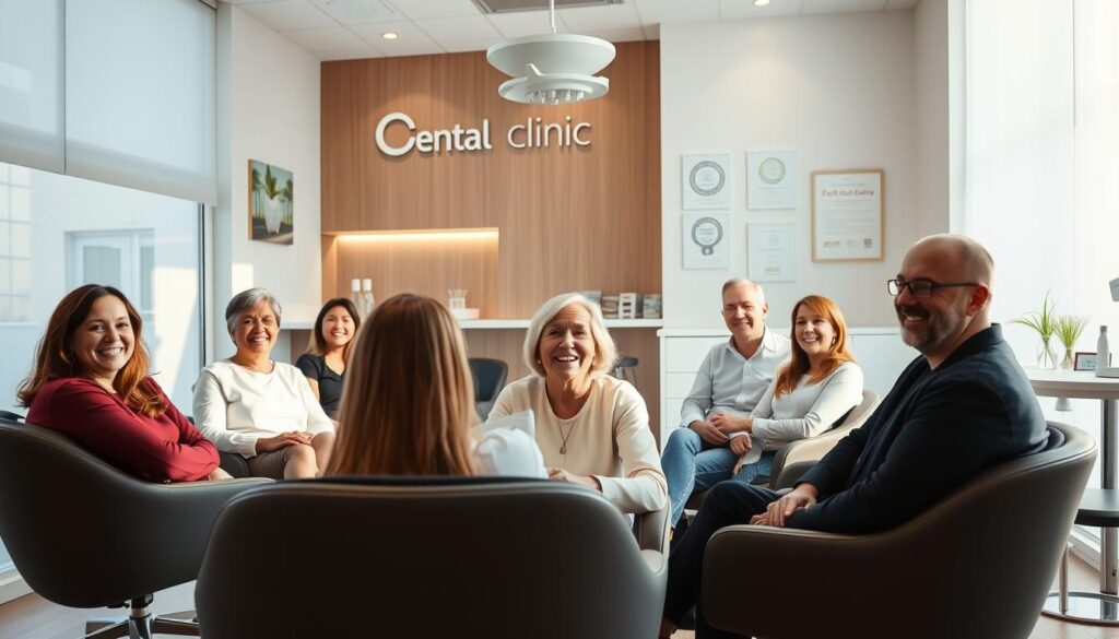 A cozy dental clinic interior with patients enthusiastically sharing their positive experiences. In the foreground, a group of patients sit comfortably in chairs, their faces lit by warm, natural lighting that filters through large windows. The middle ground showcases the clinic's sleek, modern design elements, such as minimalist furniture and clean, soothing colors. In the background, the clinic's branding and professional certifications are displayed, conveying a sense of trust and expertise. The overall atmosphere is one of comfort, care, and satisfaction, inviting viewers to imagine themselves as satisfied patients.