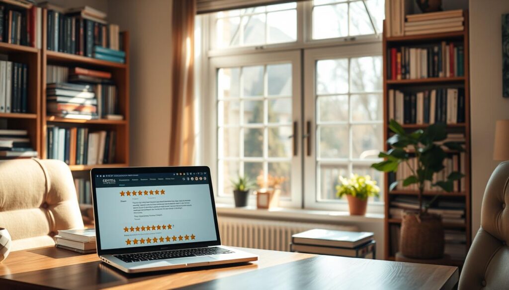 A cozy home office, bathed in warm, natural light from a large window. On the desk, a laptop displays a collection of positive online reviews, their stars and comments conveying a sense of trust and credibility. In the background, bookshelves filled with medical and marketing resources suggest an experienced, knowledgeable professional. The overall atmosphere is one of reliability, expertise, and a commitment to patient satisfaction.
