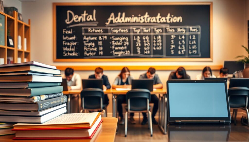 A cozy office environment with a prominent desk, a stack of books, and a laptop occupying the foreground. In the middle ground, a group of students seated at desks, intently focused on their studies. The background features a chalkboard or whiteboard, displaying the course title and schedule details in neat, hand-written calligraphy. The lighting is warm and inviting, creating a sense of productivity and learning. The overall scene conveys the atmosphere of a well-organized, professional educational setting for a dental administration course.