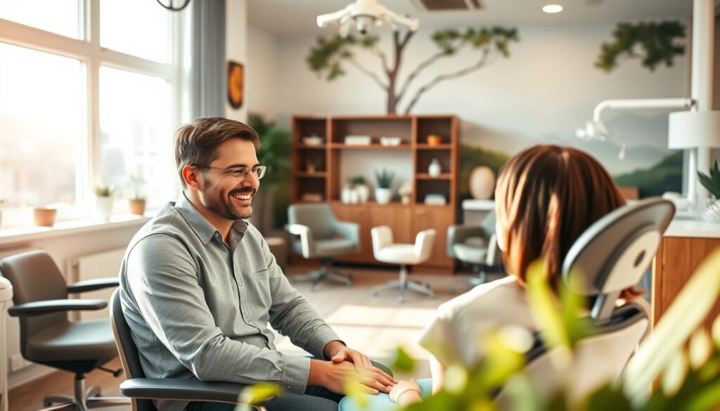 A cozy, welcoming dental office interior with a warm, inviting atmosphere. In the foreground, a friendly dentist sits across from a relaxed patient, engaged in a personalized consultation. The dentist's expression conveys empathy and attentiveness. Soft, natural lighting filters through large windows, casting a gentle glow. The middle ground features tasteful, modern decor with ergonomic furniture, creating a comfortable, yet professional ambiance. In the background, a serene, nature-inspired mural adds a calming visual element. The overall scene radiates a sense of personalized, humane care tailored to the individual patient's needs.