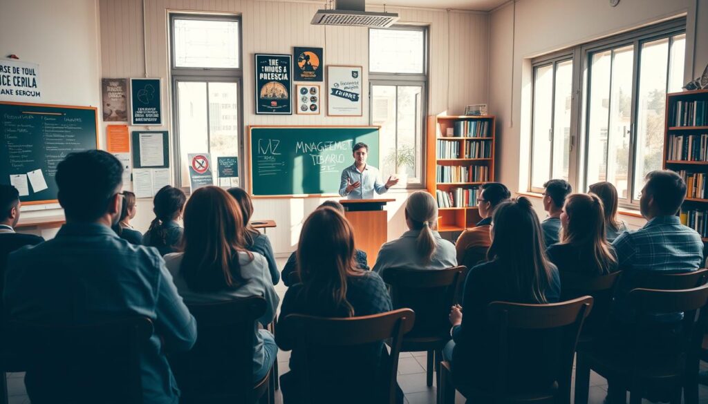 A cozy, well-lit classroom setting, with a teacher's desk, a chalkboard, and wooden chairs arranged in neat rows. The walls are adorned with motivational posters and educational materials, creating a professional yet inviting atmosphere. Sunlight filters in through large windows, casting a warm glow over the scene. In the foreground, a group of students intently listen to a lecturer, their faces engaged and eager to learn. The middle ground features a podium where the instructor stands, gesturing animatedly as they present the course materials. The background showcases a bookshelf filled with management-related textbooks and resources, hinting at the depth and breadth of the "curso de gestão ideal" curriculum.