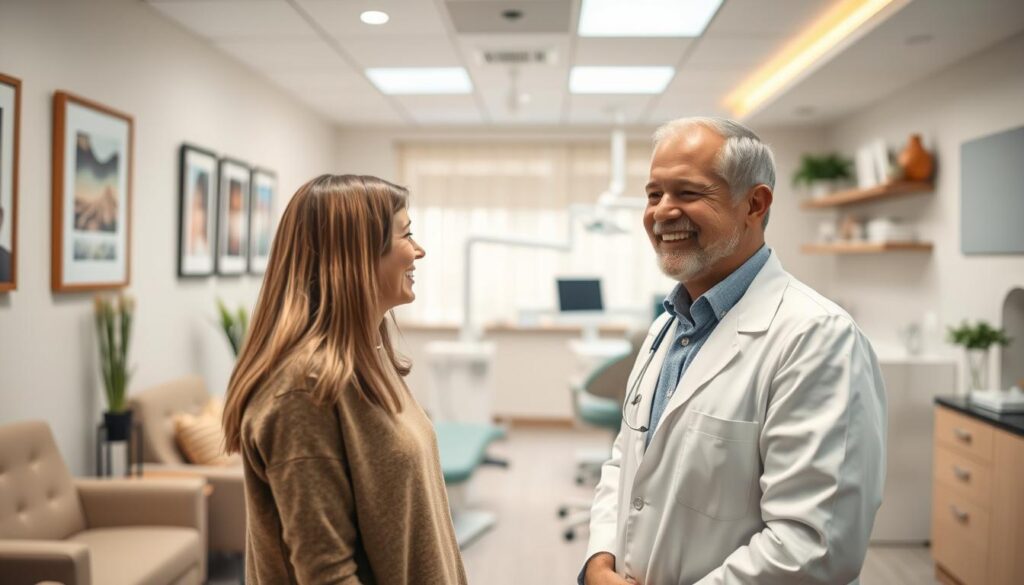 A cozy, well-lit dental clinic interior with a warm, welcoming ambiance. In the foreground, a dentist in a white coat warmly greets a patient, their expressions conveying trust and care. The middle ground features comfortable seating and decor that exudes professionalism and attention to detail. The background showcases state-of-the-art dental equipment, creating a sense of modern, high-quality care. Soft, natural lighting illuminates the scene, setting a relaxed and reassuring tone. The overall composition emphasizes the clinic's focus on building long-term relationships with patients through personalized, attentive service.