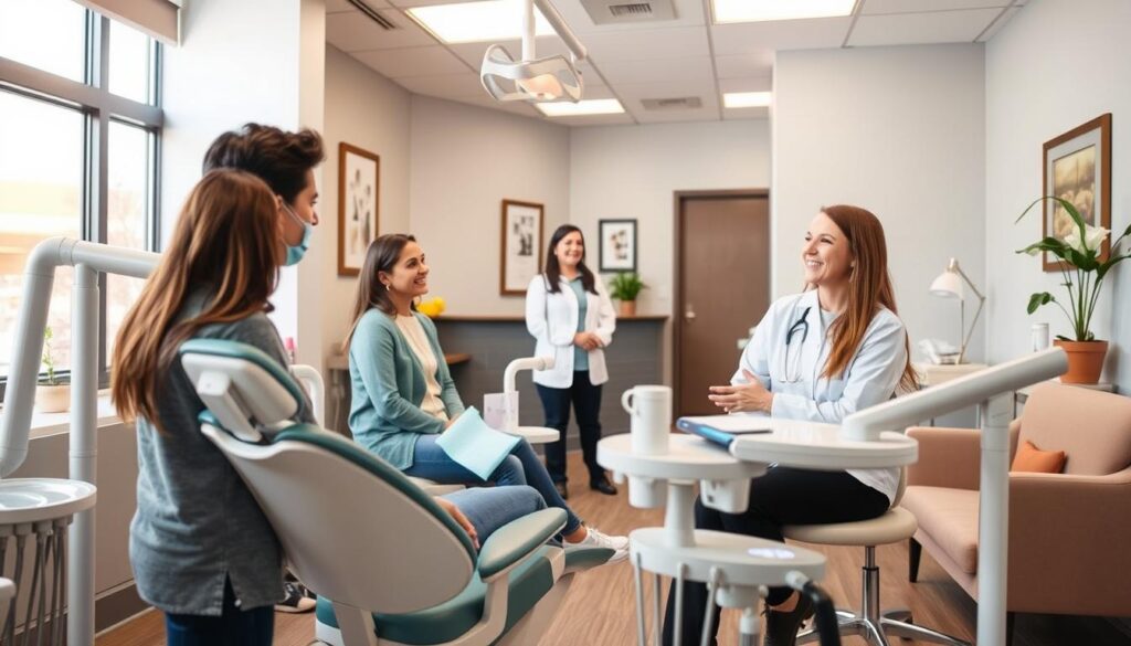 A cozy, well-lit dental clinic interior with patients conversing animatedly with a warm, personable dentist. The foreground features a modern, ergonomic dental chair and equipment, conveying a sense of professionalism and comfort. The middle ground showcases a friendly receptionist assisting patients, while the background depicts a calming, pastel-colored waiting area with plush seating and tasteful decor. The overall atmosphere evokes a personalized, approachable dental experience focused on patient-centric care and clear communication.